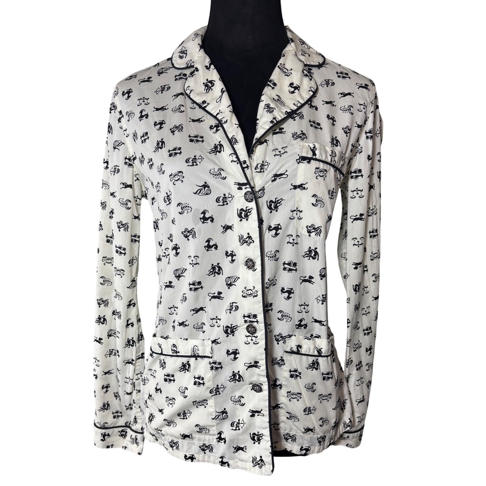 Tory Burch Astrology Print Button Up Pajama Top Zodiac Signs‎ Black White XS